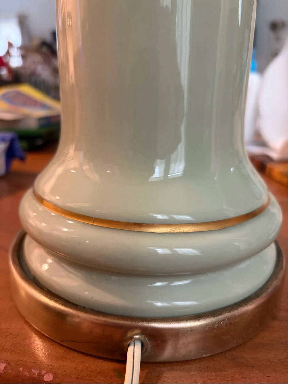 Victorian Pastoral scene porcelain brass Table Lamp sage green Gold Trim